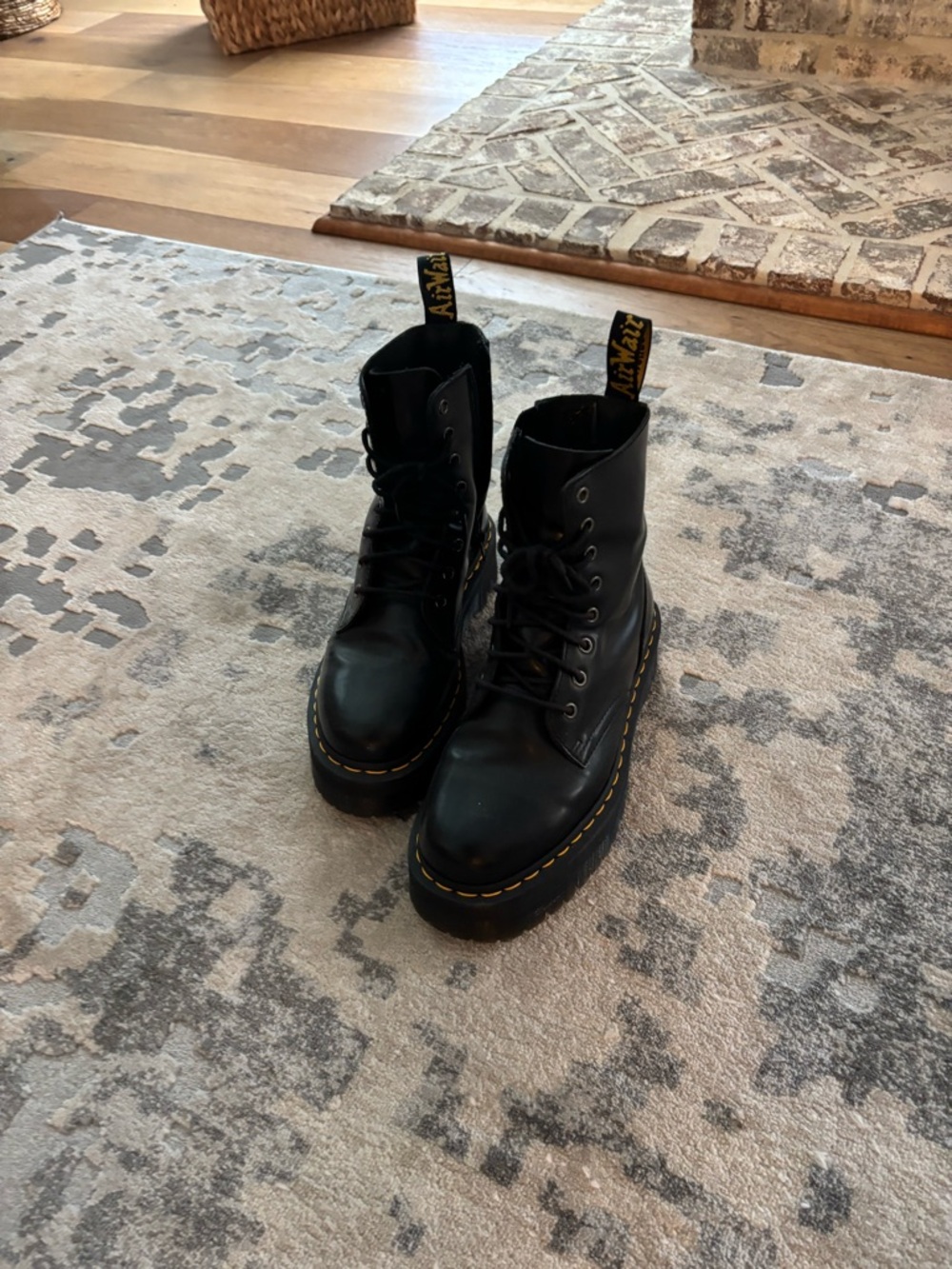 Dr. Martens Black Leather Platform Lace-Up Combat Boots with Yellow Stitching